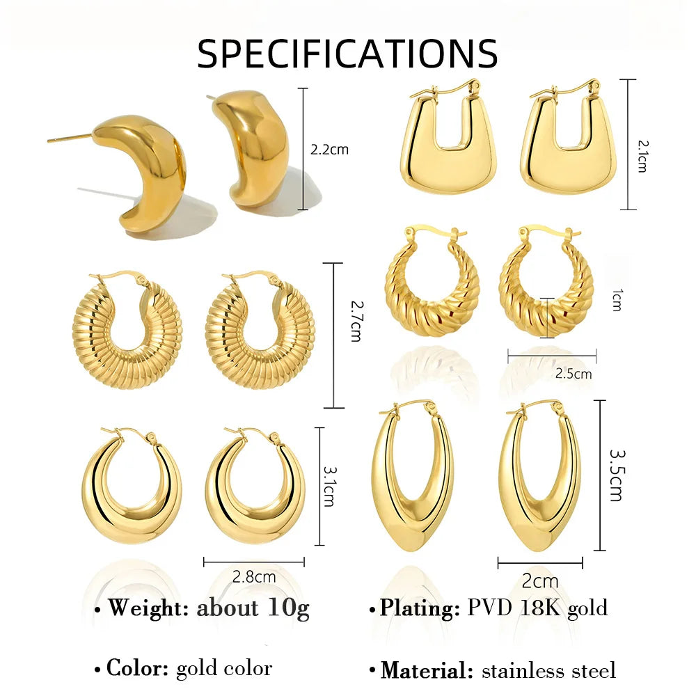 WILD & FREE 18K Gold Plated Smooth Stainless Steel Hoop Earrings for Women Punk Metal Designer Trendy Jewelry