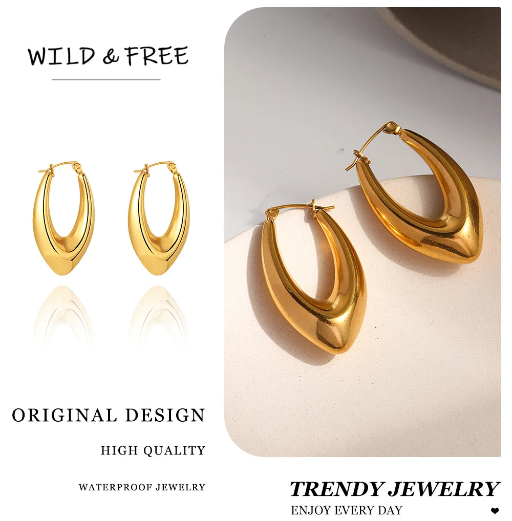 WILD & FREE 18K Gold Plated Smooth Stainless Steel Hoop Earrings for Women Punk Metal Designer Trendy Jewelry