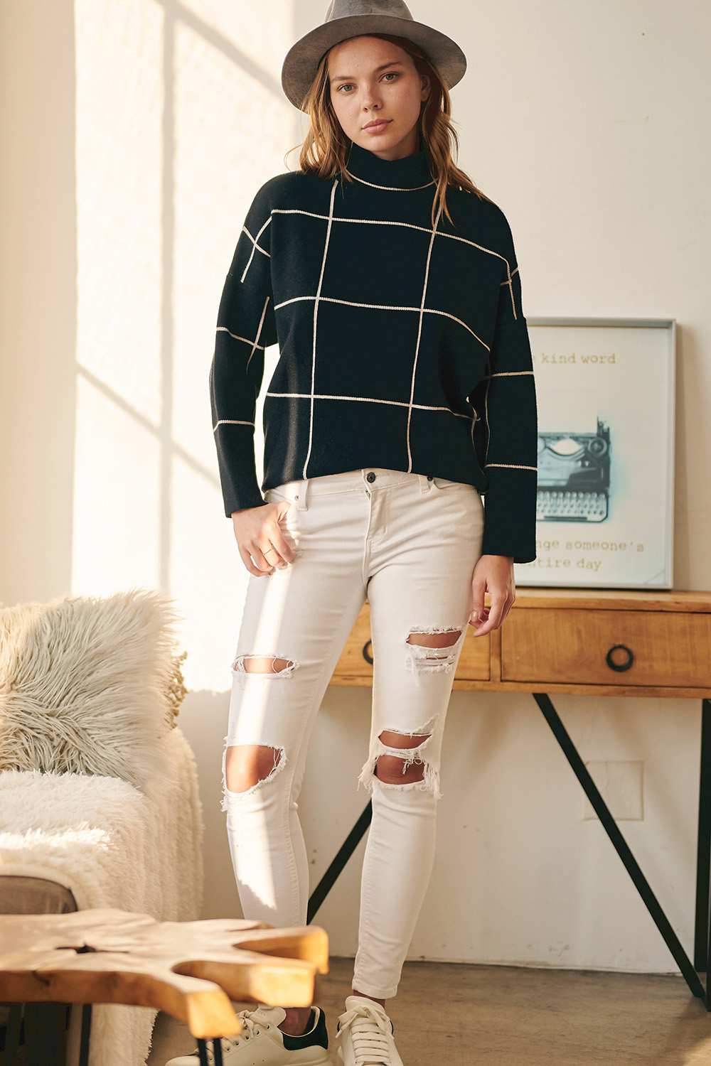 Jenny- Plaid Accent Round Neckline Sweater