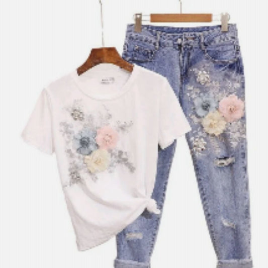 women sleeveless knitted T- shirt top girl jeans pants 2 piece set with applique flower