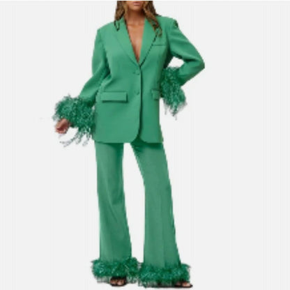 New women arrival  plus size silk satin blazer .lady classy feather straight trouser