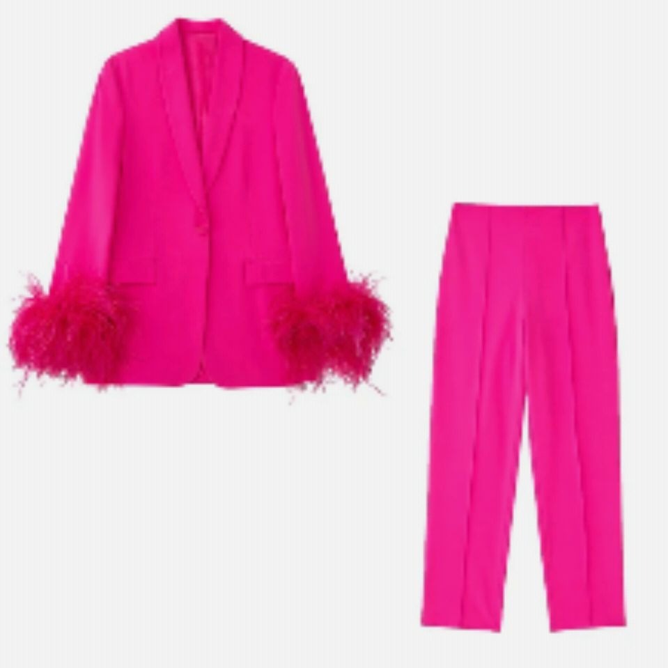 High quality ladies pink office suits long sleeve feather blazer and pant 2 piece set for women