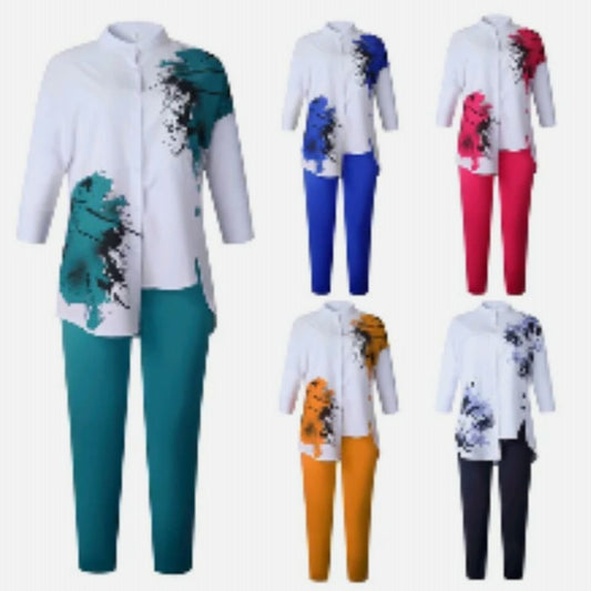 New arrival women long sleeve printing blouse shirt set ladies