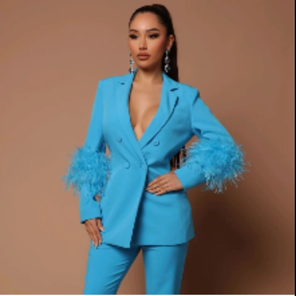 fashion damen,.Blazer suit solid double breasted v neck long   sleeve with trouser