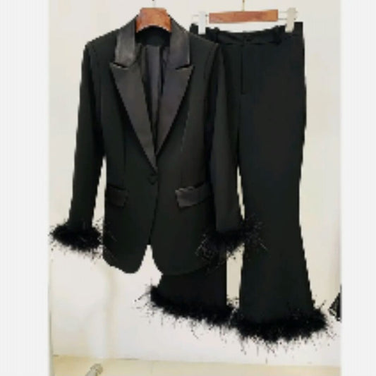 Black 2 piece women fashion one button blazer suit feather