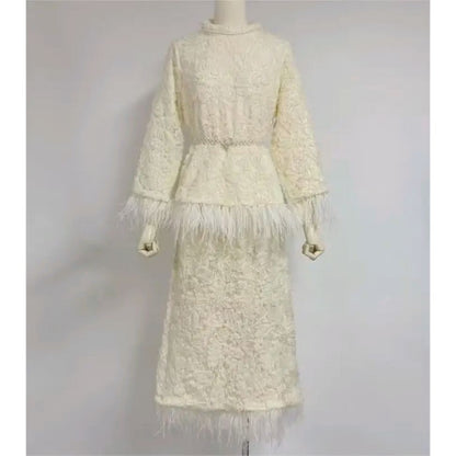 High-end quality lace dress with feathers