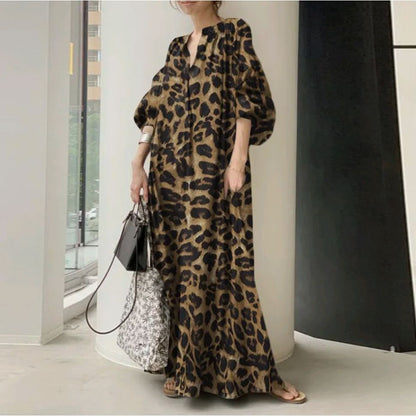 Temperament  leopard  print V collar puff sleeves plus size dress