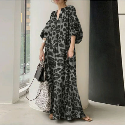 Temperament  leopard  print V collar puff sleeves plus size dress