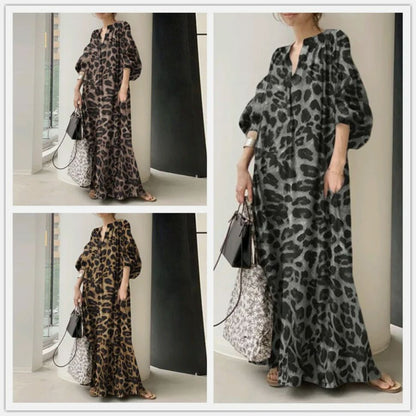 Temperament  leopard  print V collar puff sleeves plus size dress