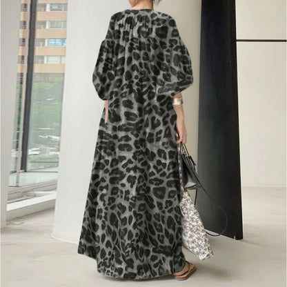 Temperament  leopard  print V collar puff sleeves plus size dress