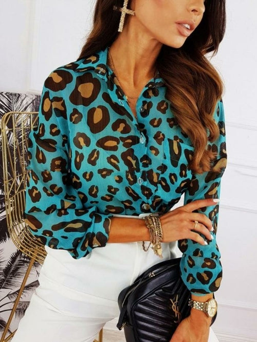 Leopard Printed Long Sleeve Blouse Shirt