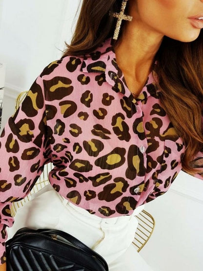 Leopard Printed Long Sleeve Blouse Shirt