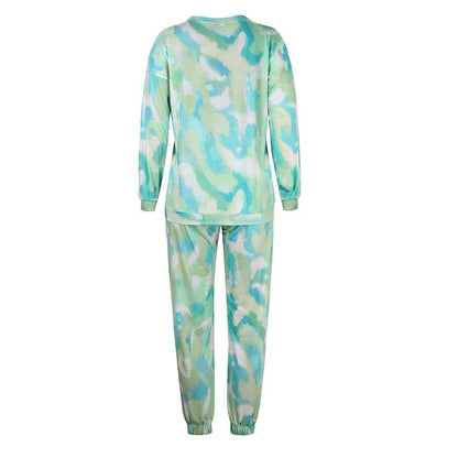 Women Set Tie Dye Long Sleeve Top Shirt O Neck And Pants Tracksuit Two