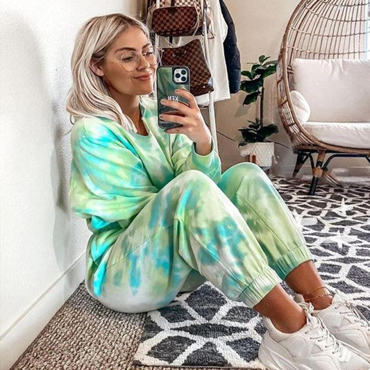 Women Set Tie Dye Long Sleeve Top Shirt O Neck And Pants Tracksuit Two