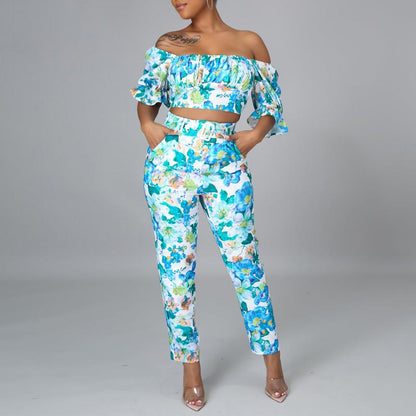 Sexy Floral Print Short Sleeve Off Shoulder Crop Tops + Long Pants