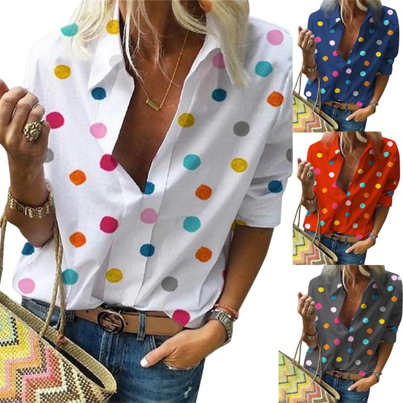 Polka Dot  Blouse Turn Down Collar Long Sleeve  Shirts