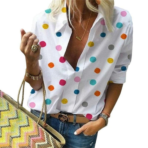 Polka Dot  Blouse Turn Down Collar Long Sleeve  Shirts