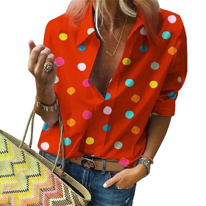 Polka Dot  Blouse Turn Down Collar Long Sleeve  Shirts