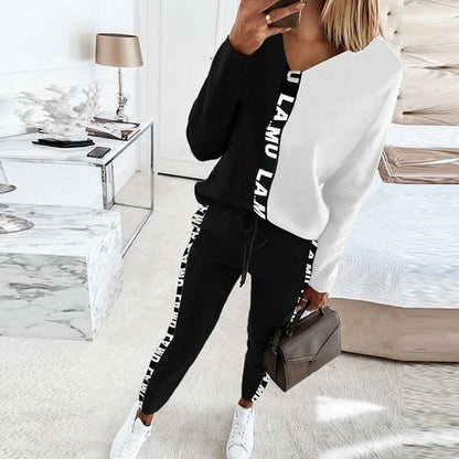 Women Letter Print Spliced Homewear Suits Sexy V-neck Tops Pullover