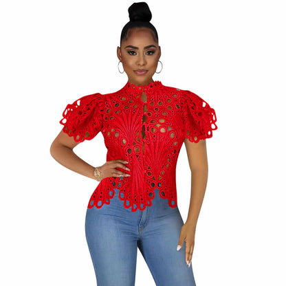 Hollow Out Mesh Lace Shirt Sheer See Through Top Blouse