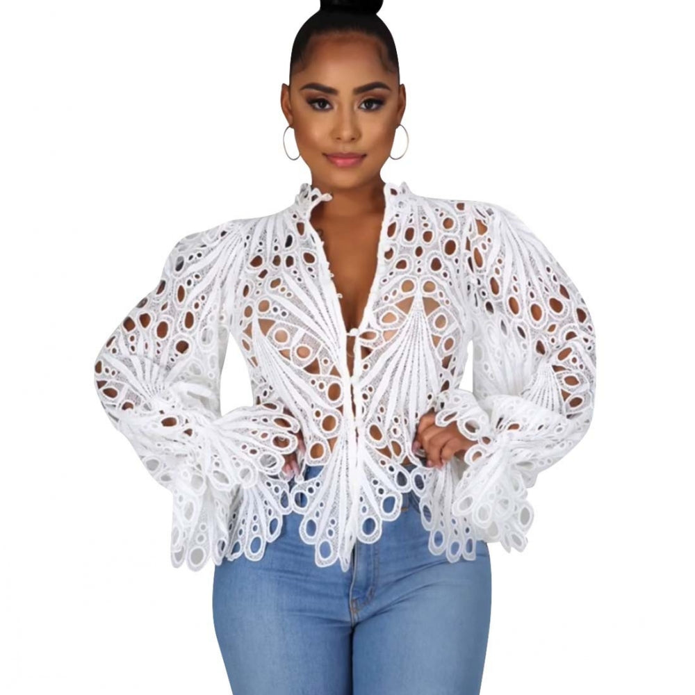 Hollow Out Mesh Lace Shirt Sheer See Through Top Blouse