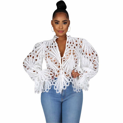 Hollow Out Mesh Lace Shirt Sheer See Through Top Blouse