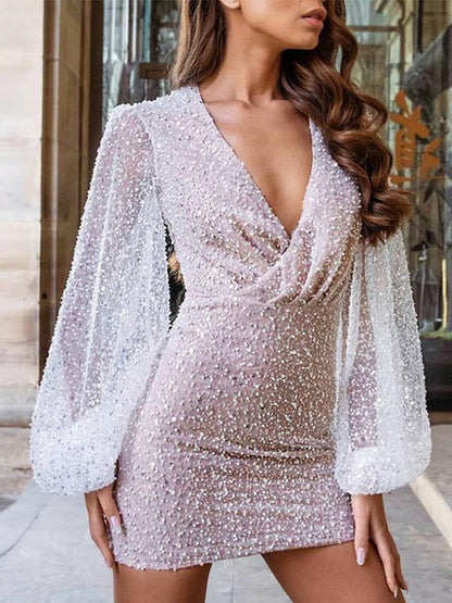 Sequins Mini Dress V Neck Lantern Long Sleeves Dress