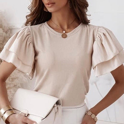 O Neck Solid Blouse Shirt Layered Ruffle Tops Blusa