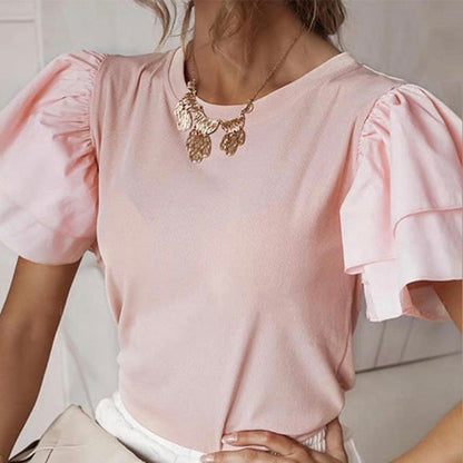 O Neck Solid Blouse Shirt Layered Ruffle Tops Blusa