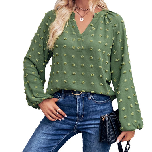 V-neck Long Sleeve Women Jacquard Blouse Autumn Spring Fashion Casual