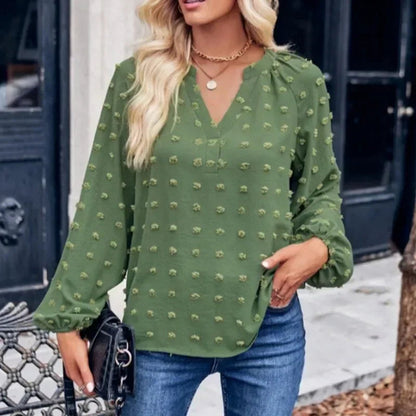 V-neck Long Sleeve Women Jacquard Blouse Autumn Spring Fashion Casual