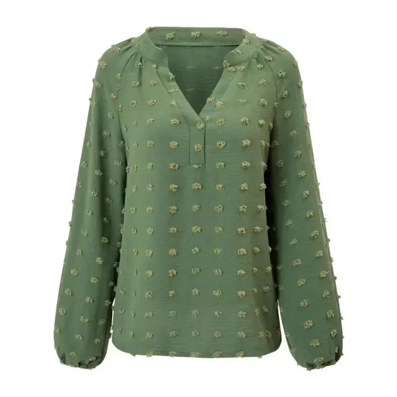 V-neck Long Sleeve Women Jacquard Blouse Autumn Spring Fashion Casual