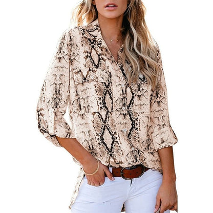 Women Shirts Snake Leopard Print Blouses Female Pockets Tops Nine