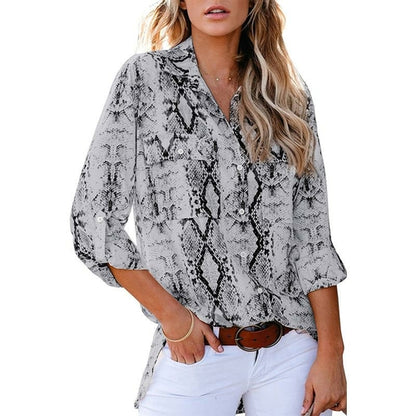 Women Shirts Snake Leopard Print Blouses Female Pockets Tops Nine