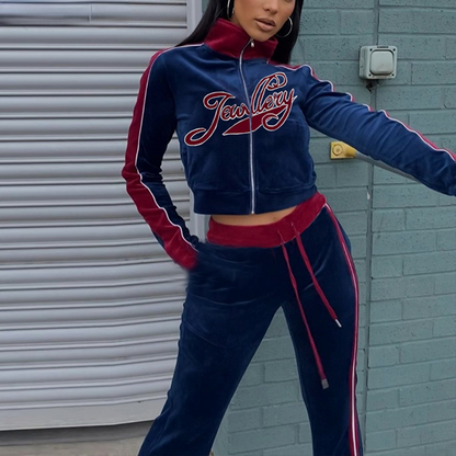 Tracksuit Embroidery Letter Velvet 2piece Set Fitness Zip