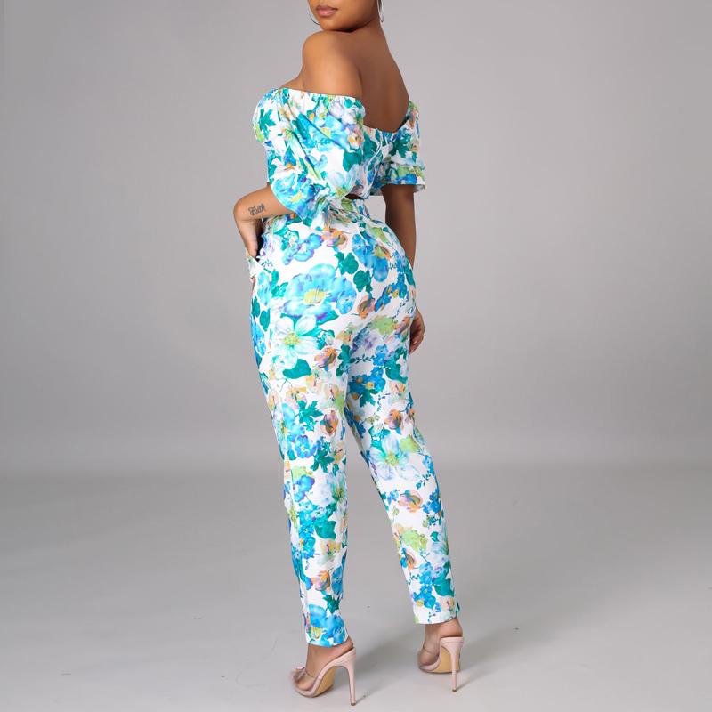 Sexy Floral Print Short Sleeve Off Shoulder Crop Tops + Long Pants