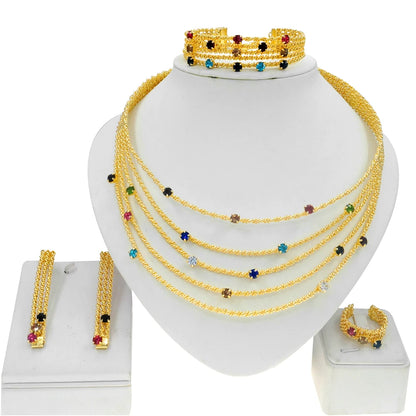 Women Jewelry Set Brazil Gold Plated Colorful Rhinestone Necklace