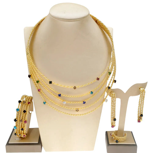 Women Jewelry Set Brazil Gold Plated Colorful Rhinestone Necklace