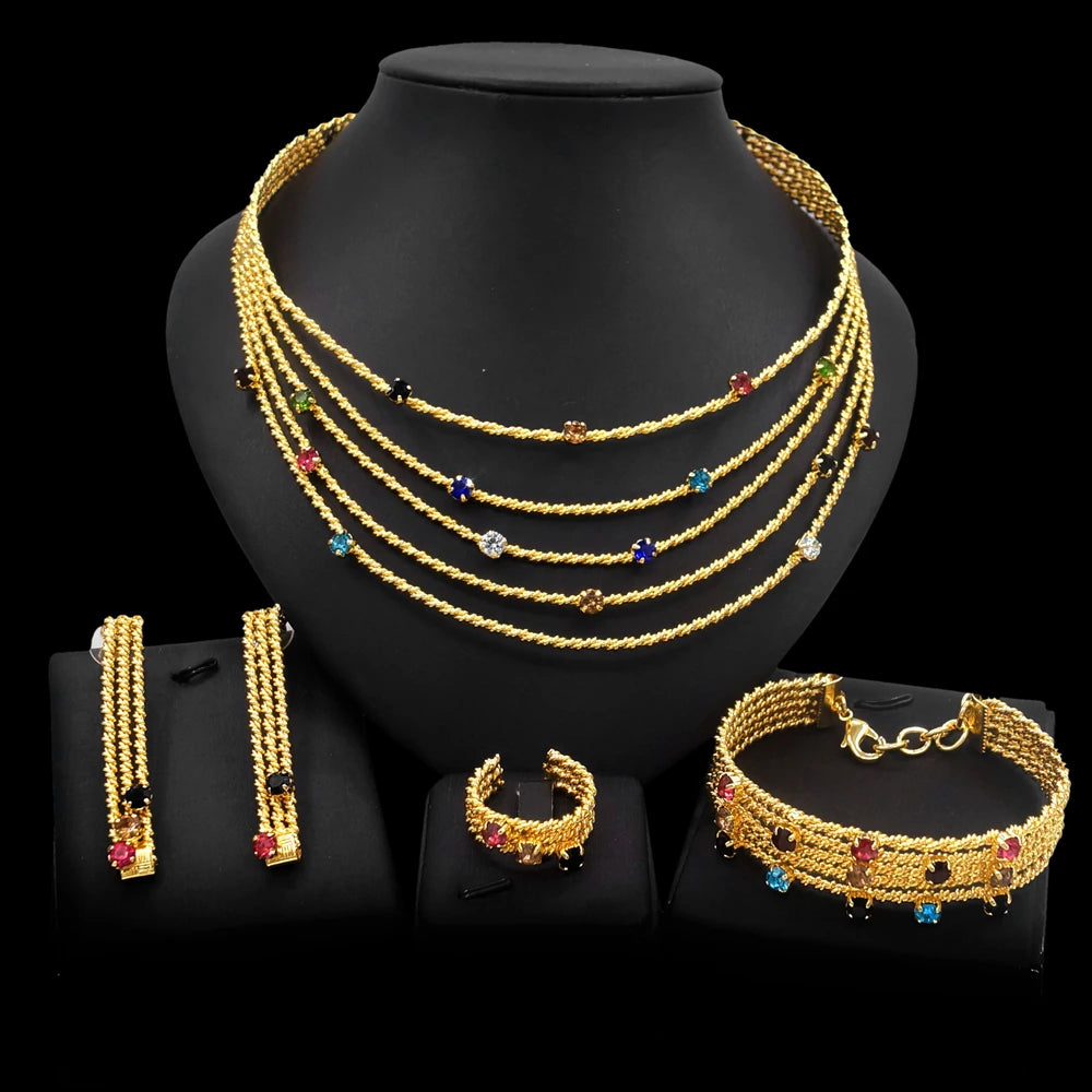 Women Jewelry Set Brazil Gold Plated Colorful Rhinestone Necklace