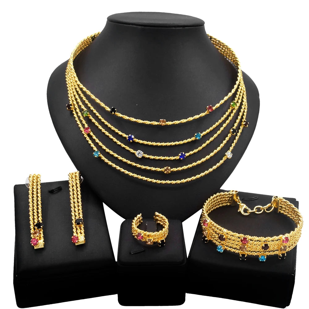 Women Jewelry Set Brazil Gold Plated Colorful Rhinestone Necklace