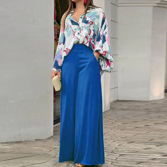 Summer Shirts Wide-leg Pants Sets Women's Long Sleeve Loose Printed