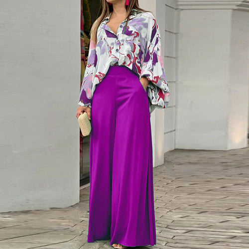 Summer Shirts Wide-leg Pants Sets Women's Long Sleeve Loose Printed