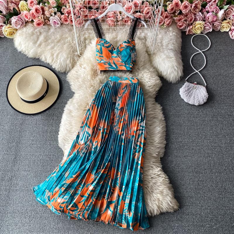 Bohemian Vacation Beach 2pcs Set Women Floral Printed Short Strapless