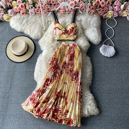 Bohemian Vacation Beach 2pcs Set Women Floral Printed Short Strapless