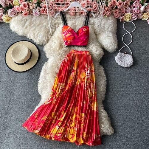 Bohemian Vacation Beach 2pcs Set Women Floral Printed Short Strapless