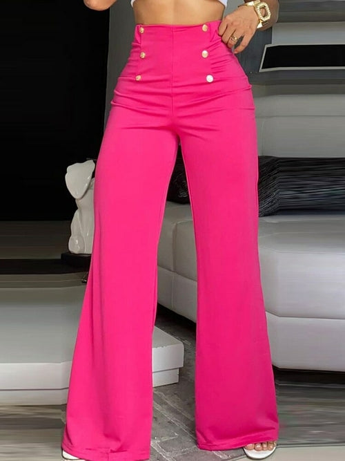 Button Decor High Waist Wide Leg Pants