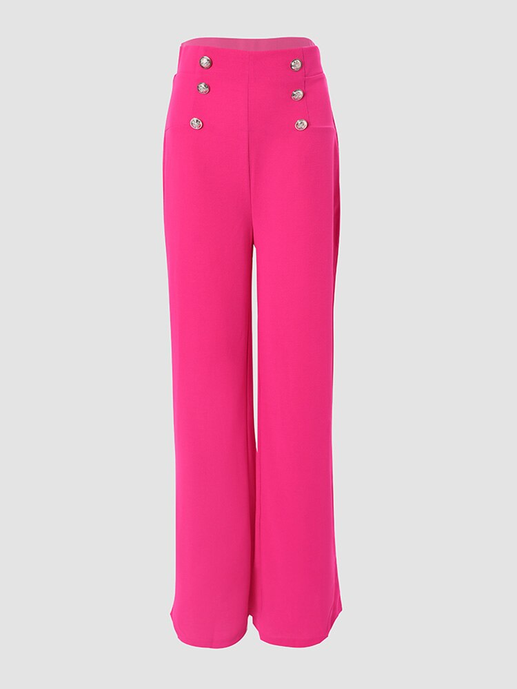 Button Decor High Waist Wide Leg Pants