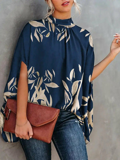 Loose Blouse Batwing Sleeve Print O-neck Shirts