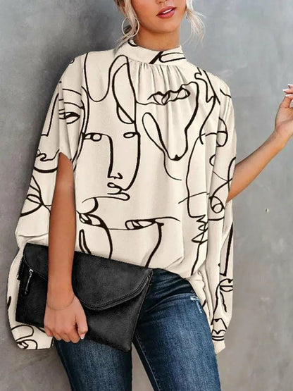 Loose Blouse Batwing Sleeve Print O-neck Shirts