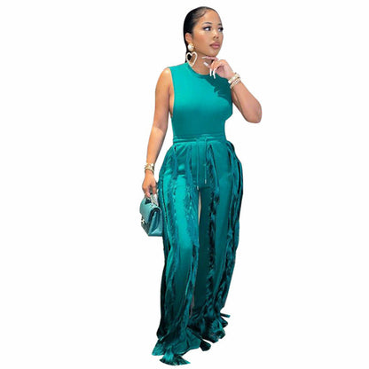 Sleeless Bosysuit and Tassel Pants Set Two Piece Fringe Wide Leg